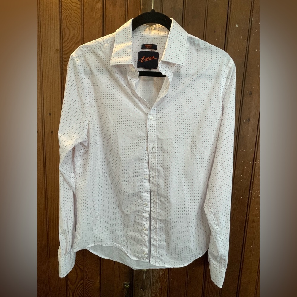 Egara Shirt Skinny Fit Stretch Button Down White with Pink Shirt 15.5 34/35